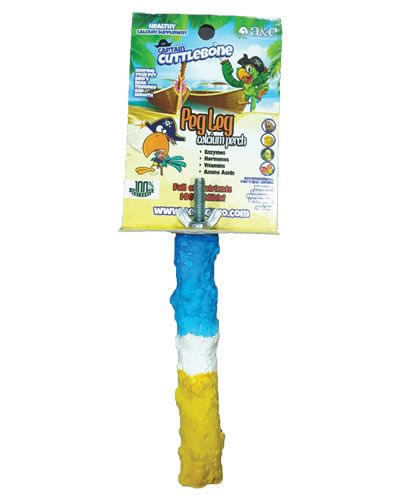 Vibrant A&E Cage Co. small cuttlebone and calcium perch, infused with fruity flavors, perfect for small birds to nibble.