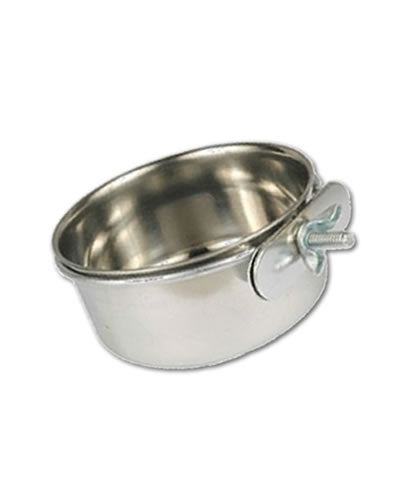 Stainless steel 5oz Jungle Coop Cup securely bolted to a bird cage, ideal for food or water with a durable, shiny finish.