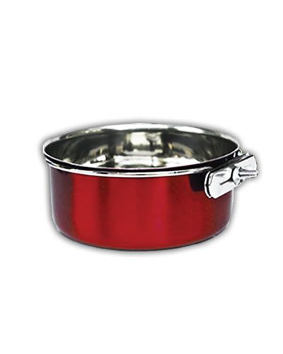 Vibrant ruby red 5oz Jungle Coop Cup, a durable bird dish for food or water, securely bolted to a cage with a 3-inch diameter.
