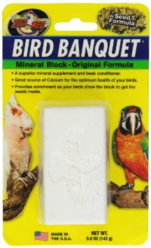 Vibrant Zoo Med Bird Banquet Mineral Block with white millet and seeds, offering calcium and beak conditioning for birds.