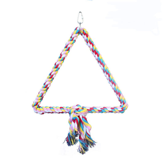 Colorful Happy Beaks triangle cotton rope swing for birds, perfect for perching and play with a sturdy, playful design.