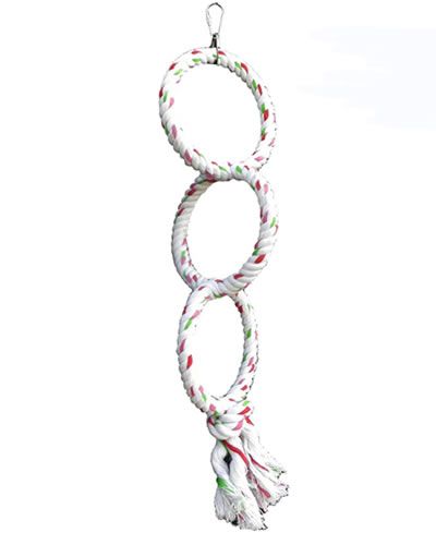 Vibrant Happy Beaks triple ring rope swing for birds, featuring soft cotton rings woven for grip, ideal for exercise and stress relief.