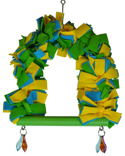 Cozy Happy Beaks large fleece bird swing with ruffled sides and colorful acrylic raindrop accents for playful preening.