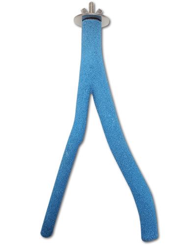 Close-up of the Happy Beaks Medium Forked Sand Covered Perch, showcasing its textured sandy coating and sturdy 10-inch forked wooden design for bird comfort and nail trimming.