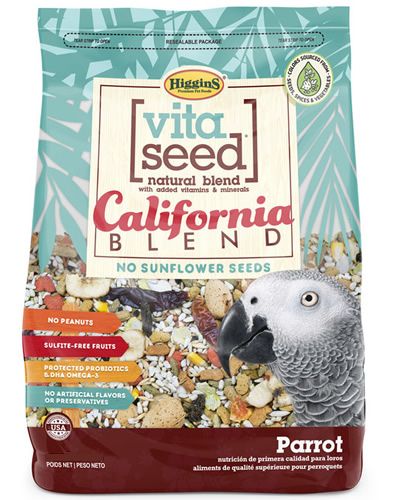 Vibrant mix of Higgins Vita Seed California Blend for parrots, showcasing colorful seeds, grains, dried fruits, and vegetables.