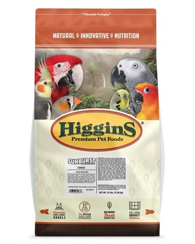 Vibrant mix of fruits, vegetables, seeds, grains, and nuts in Higgins Sunburst Conure Gourmet Blend, perfect for birds.