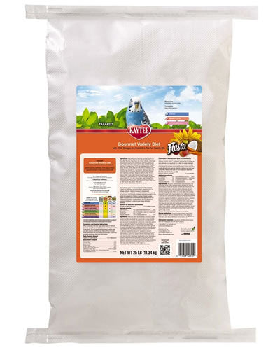 Vibrant mix of Kaytee Fiesta Max Parakeet food with colorful fruits, veggies, nuts, and seeds for a nutritious bird diet.