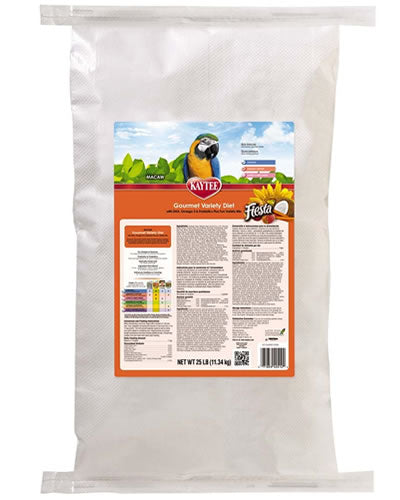 Vibrant mix of Kaytee Fiesta Max Macaw food with colorful fruits, veggies, nuts, and seeds for a nutritious bird diet.