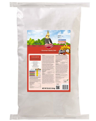 Vibrant mix of Kaytee Fiesta Max Cockatiel food with colorful fruits, veggies, nuts, and seeds for a nutritious bird diet.