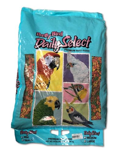 Vibrant 20lb bag of Pretty Bird Daily Select Large Parrot Food, showcasing colorful, fruit-shaped pellets for pet birds.