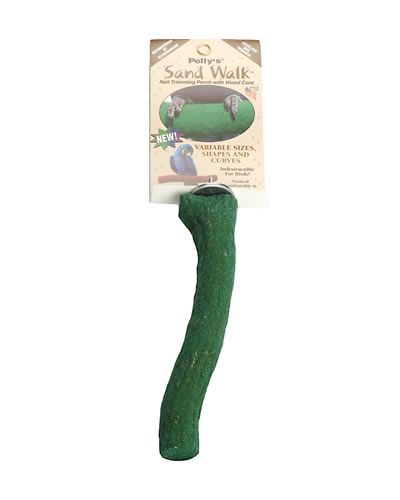 Polly's Sm Original Sand Walk Perch, a small, lightweight wooden perch coated with sand granules for safe nail trimming.