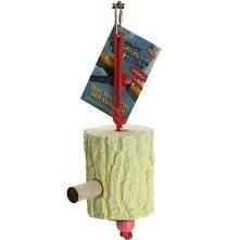 Colorful Polly's Tap-a-Tree mineral block with a small perch, designed for medium birds to chew and play, sized 9x4 inches.