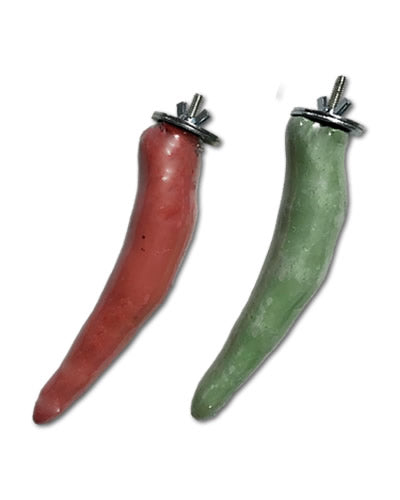 Vibrant red cayenne pepper-shaped bird perch by Polly's, a 6-inch mineral treat packed with vitamins for small birds.