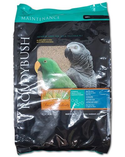 Small Roudybush Daily Maintenance 25lb bag of bird food pellets, ideal for various parrot species, with a vibrant, nourishing look.