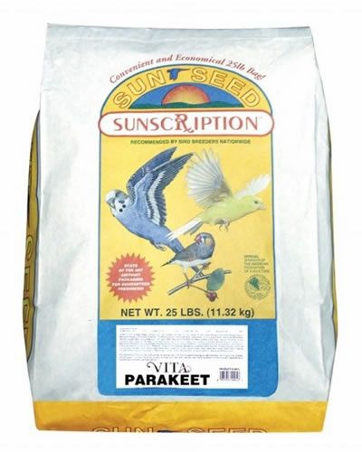 Vibrant 25lb bag of Sun Seed Vita Parakeet food, infused with tropical fruit scents and packed with colorful, nutrient-rich ingredients.
