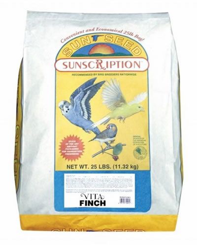 Vibrant 25lb bag of Sun Seed Vita Finch Formula, bursting with tropical fruit bits like papaya, pineapple, and coconut.