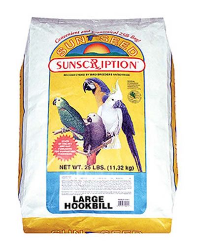 Vibrant mix of tropical fruits, banana, papaya, and carrot in Sun Seed Vita Large Hookbill Prima parrot food, 25lb bag.