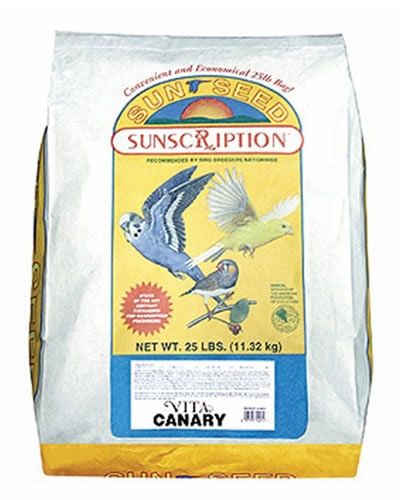 Vibrant 25lb bag of Sun Seed Vita Canary food, packed with tropical fruits, seeds, and vegetables for healthy birds.