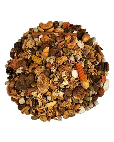 Vibrant 20lb bag of Southern Caribbean Buffet blend, bursting with colorful nuts, fruits, and veggies for a tropical feast.