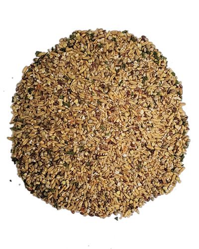 Vibrant mix of Napolean Blend bird food with colorful seeds, oats, and carrot granules for small birds' nutrition.