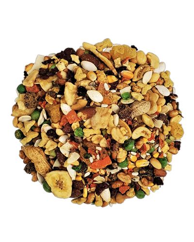 Vibrant mix of 20lb Fruit & Nut Deluxe bird food with colorful fruits, nuts, and seeds for a nutritious feast.