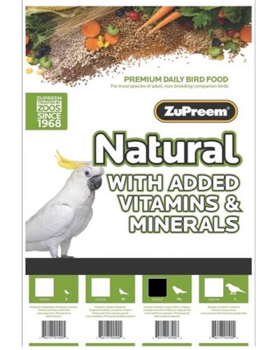 Vibrant 20lb bag of ZuPreem Natural Parrot/Conure Pellets, packed with wholesome veggies and essential nutrients for medium to large birds.