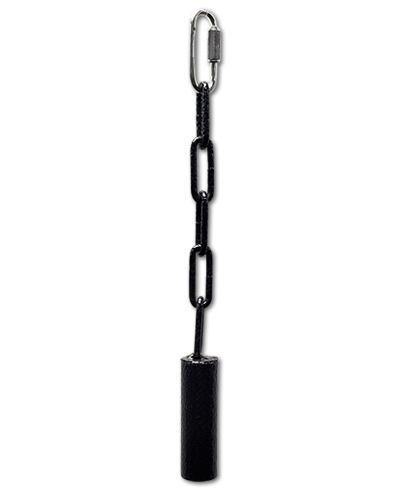 Sleek black metal pipe bell toy hanging on a chain, perfect for medium-sized birds, with a slim 11.5-inch design.