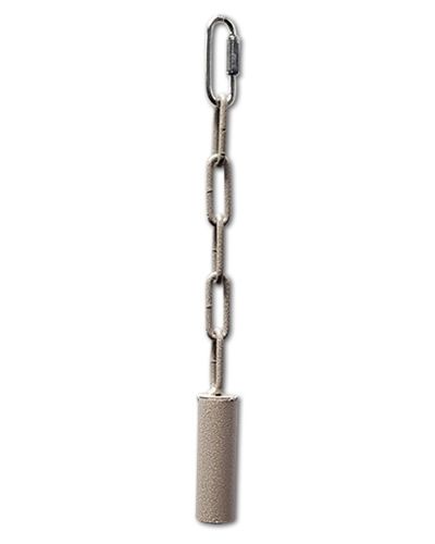 Delicate platinum metal pipe bell toy hanging on a chain, perfect for medium-sized birds, with a sleek 11.5-inch design.