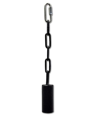 Sleek black metal pipe bell toy by A&E Cage Co., hanging on a sturdy chain, perfect for medium to large birds.