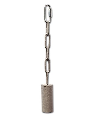 Shiny platinum metal pipe bell toy hanging on a chain, perfect for medium to large birds to play and make noise.