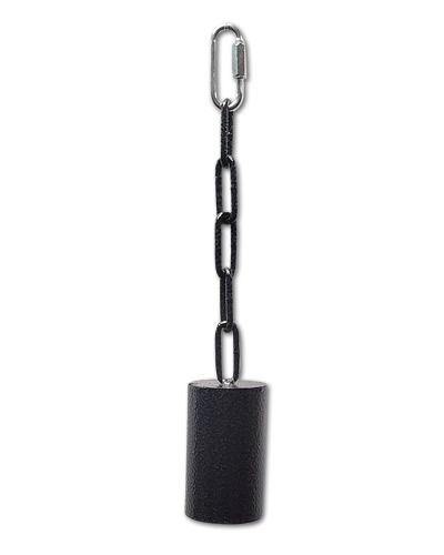 Large black metal pipe bell toy from A&E Cage Co., hanging on a sturdy chain, perfect for large birds to play with.