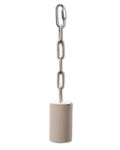 Shiny platinum metal pipe bell toy hanging on a chain, perfect for large birds, with a sleek 11.5-inch design.