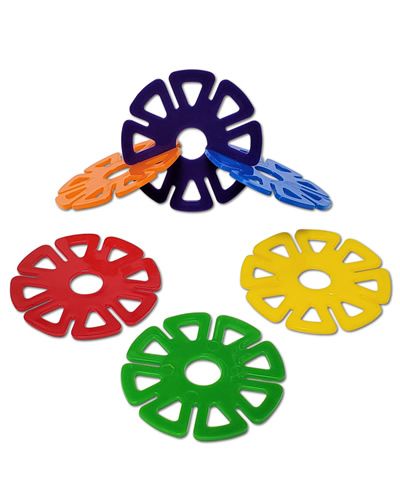 Close-up of a 2-1/2" large wheel with a 1/2" center hole, perfect as a base for dangling parts, in vibrant assorted colors.