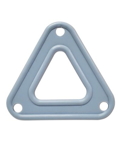Vibrant plastic triangle bird toy base with three evenly spaced holes, measuring 4-1/4" by 4-1/4", perfect for pet play.