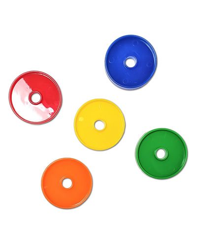 Vibrant 5cm plastic disc bird toy part in assorted colors, featuring a 2-inch diameter and a small central hole.