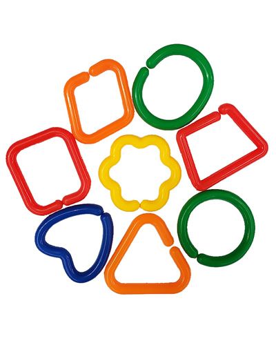 Colorful large plastic puffy links bird toy parts, measuring about 2.5 inches long, in assorted vibrant shapes and hues.