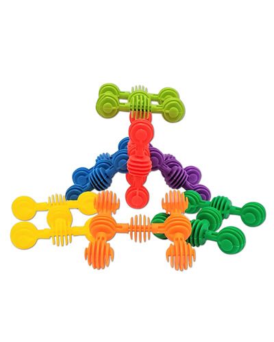 Colorful plastic interconnecting 7-ball toy, perfect as a foot toy, measuring about 2.5 inches long and 0.75 inches high.