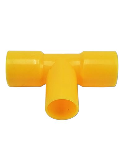 Vibrant plastic 3-way tube connector for bird toys, featuring assorted colors and precise 5/8" male and 3/4" female diameters.