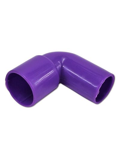 Vibrant plastic elbow tube connector for bird toys, featuring a 5/8" male and 3/4" female diameter in assorted colors.