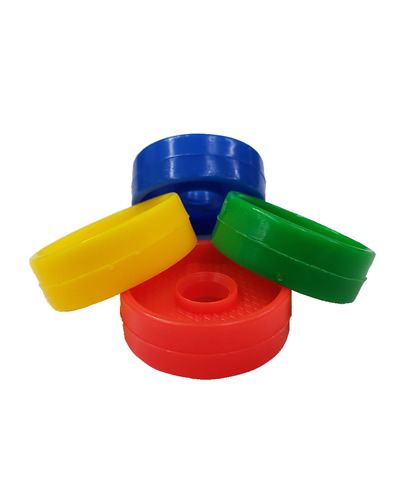 Close-up of a round, single-hole plastic button in assorted vibrant colors, measuring 1-1/8" in diameter with a 5/16" hole.