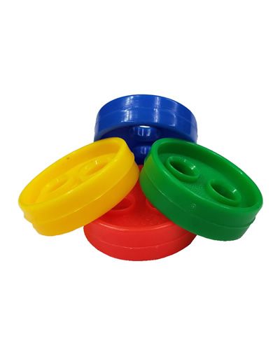 Vibrant double hole plastic button in assorted colors, measuring 1-1/2 inches in diameter, perfect for crafting projects.