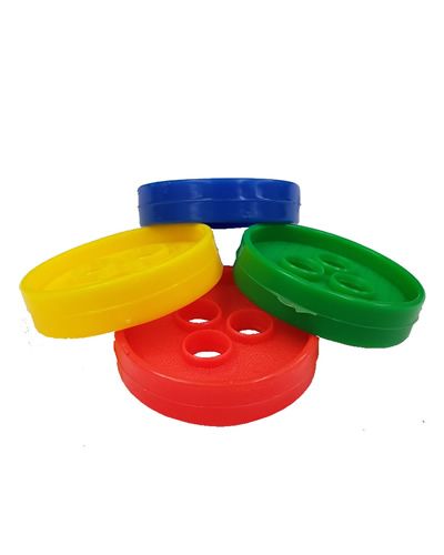 Vibrant triple-hole plastic button in assorted colors, measuring 1-3/4" wide, perfect for crafting and sewing projects.