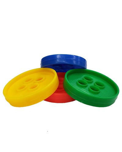 Vibrant quad hole plastic button in assorted colors, featuring a 2-inch diameter and four evenly spaced 5/16-inch holes.