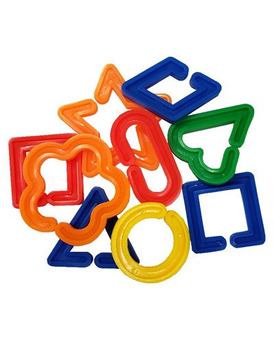 Colorful large plastic shape links for bird toys, measuring about 2-1/8 inches, in assorted fun shapes and bright hues.