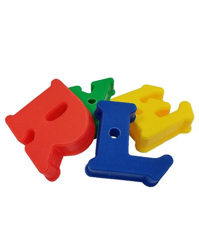 Colorful jumbo plastic ABC letters in assorted bright hues, perfect for crafts and learning, sized around 2 inches long.