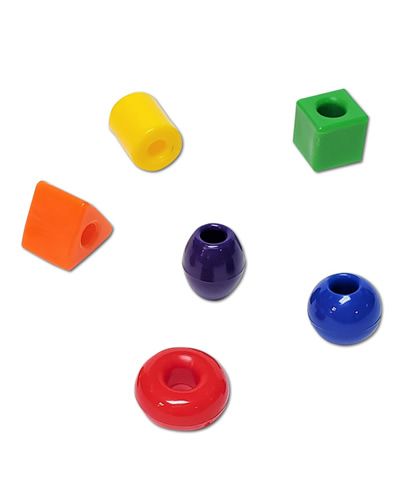 Colorful assortment of small plastic lacing beads in various shapes, perfect for crafting and kids' activities.