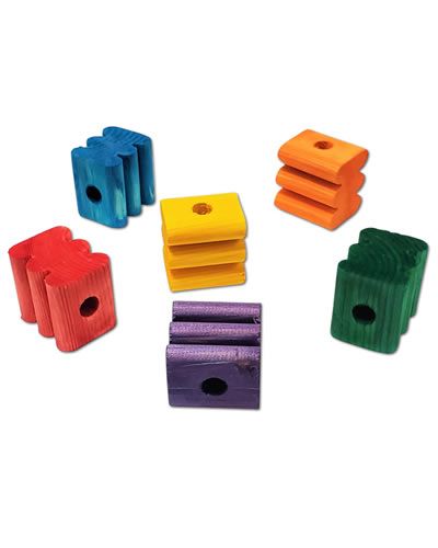 Vibrant 1-3/4" wooden bird toy block with a large groove and a 1/2" hole, showcasing assorted bright colors for playful pet fun.