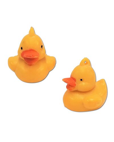 Tiny 1-inch plastic duck toy with a bright yellow finish, featuring a small 2mm hole at the top for hanging or crafting.