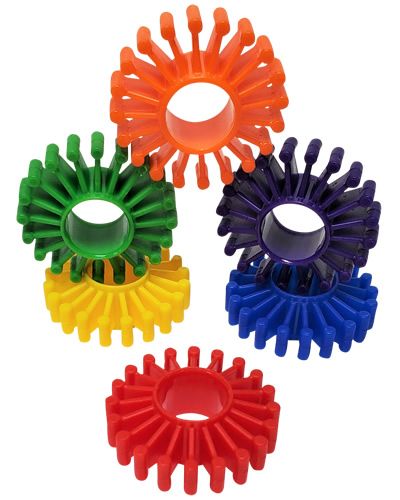 Vibrant assortment of large plastic round gears, each 1-3/4" in diameter, showcasing colorful designs and sturdy build.