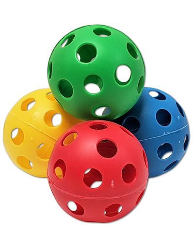 Colorful 2-3/4" hard plastic baseball toy for birds, featuring a textured surface and 13mm holes for interactive play.